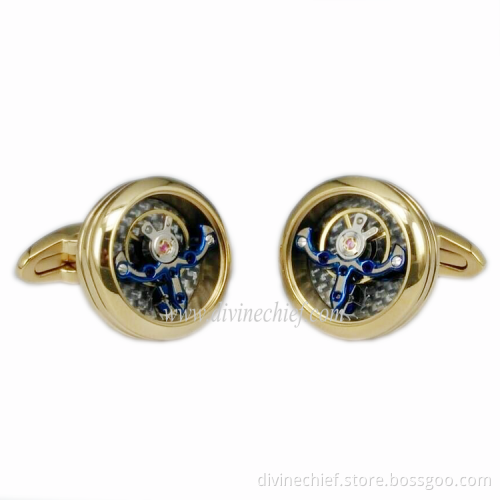 High End Golden Plated Blue Tourbillon Cufflinks, Stainless Steel Cufflinks With Custom Logo